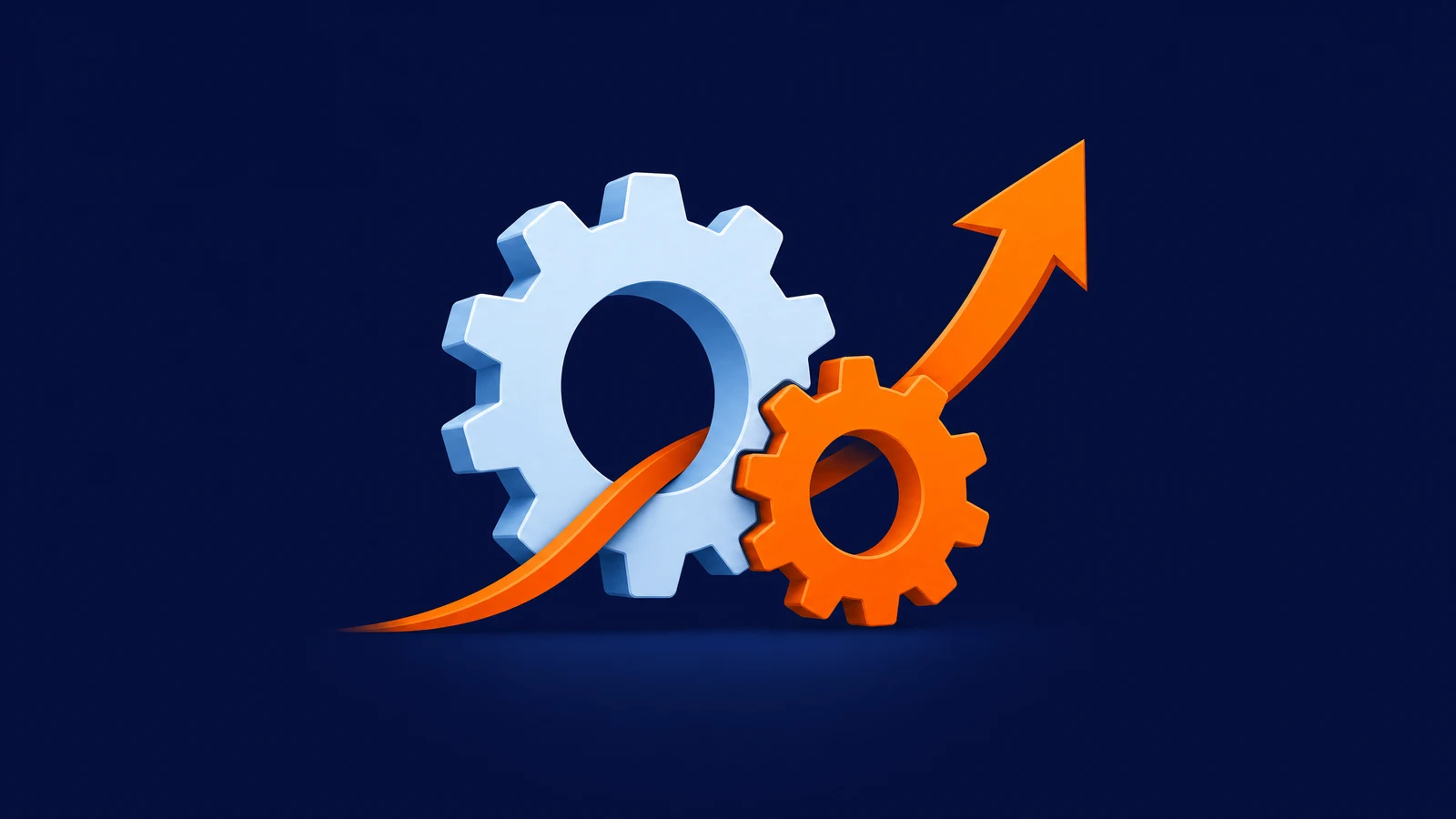 Illustration of two interlocking cogs with an upward-curving arrow rising through them, representing resilient IT paired with active business growth.