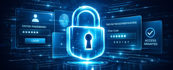 A padlock with a dark background, it is showing login screens from applications, reflecting the article's title MFA Is Not Optional in 2025 Why One Password Is Never Enough