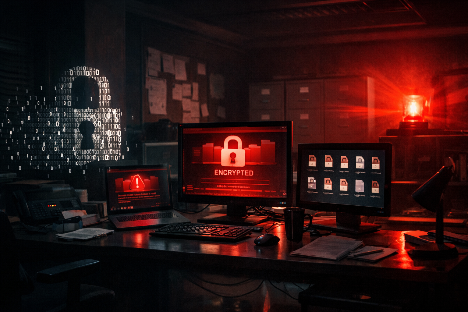 A padlock appears on a computer monitor in a dimly-lit office. It references the blog title referencing Ransomware in 2026.