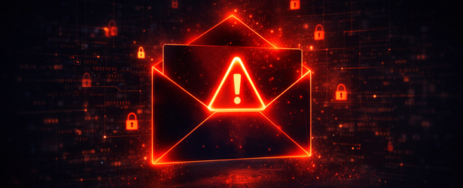 The outline of a red envelope on a dark background with a warning logo on it. The image is designed to reflect the article's title Why Email Is Still the #1 Way Businesses Get Hacked — And What to Do About It