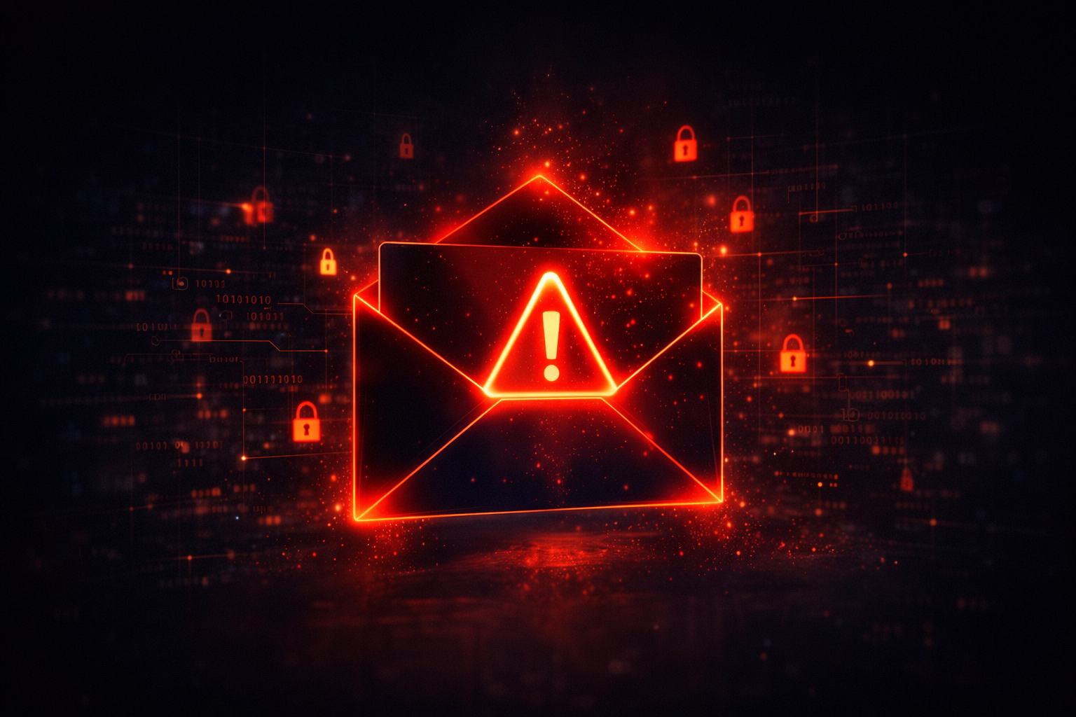 The outline of a red envelope on a dark background with a warning logo on it. The image is designed to reflect the article's title Why Email Is Still the #1 Way Businesses Get Hacked — And What to Do About It